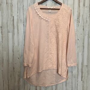 Sundance 100 Linen Tunic Blouse Large Pink Floral Lacey Boho Cottagecore EUC